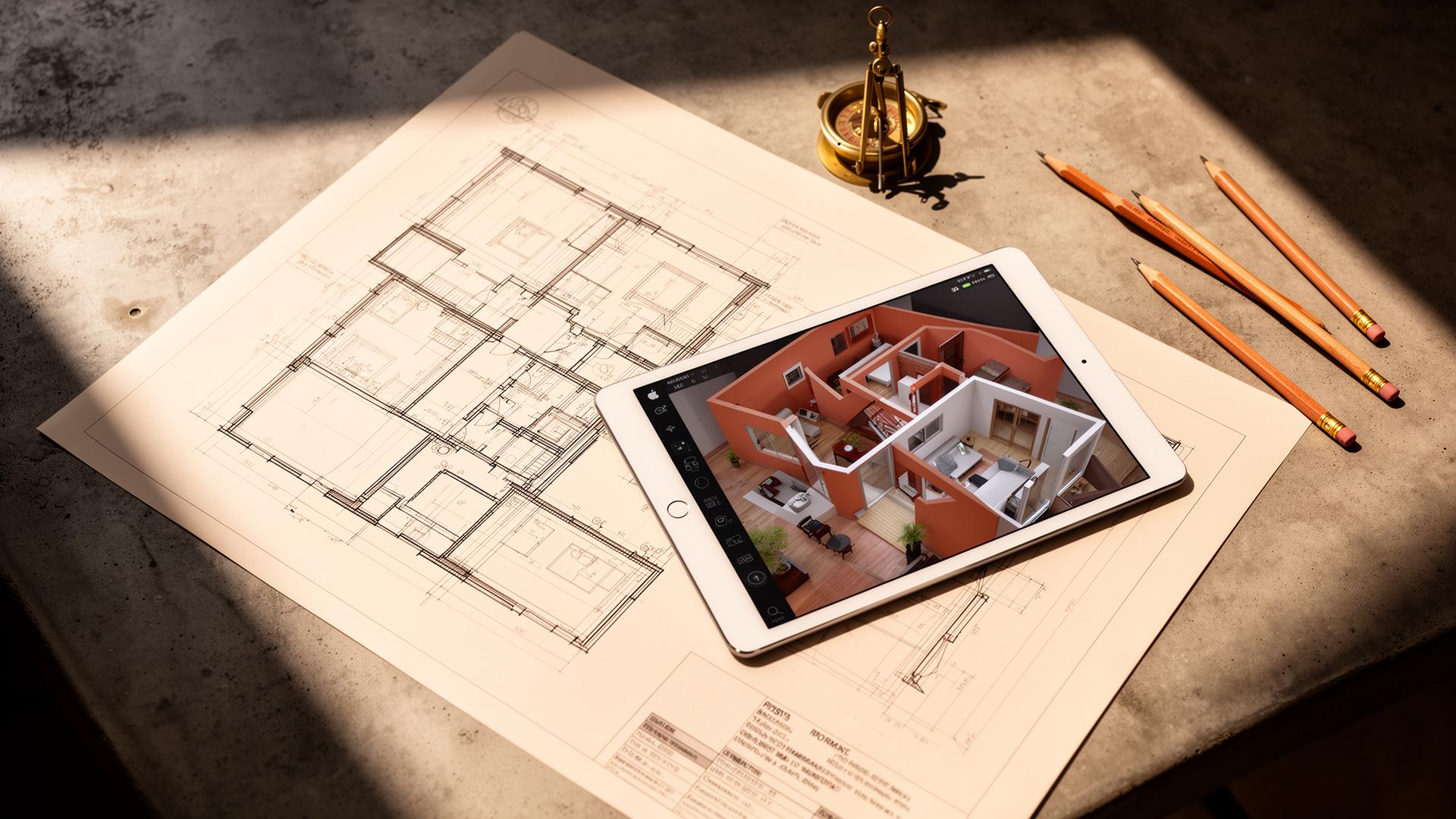 Architectural blueprint, iPad with 3D render, brass compass